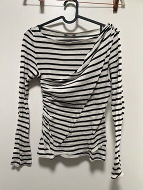 Zara Black & White Striped Draped Long-Sleeve Top